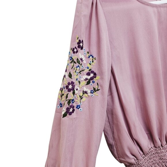 Womens Embroidered Sleeve Mauve Blouse With Smocked Hem By Haute Monde Size S - Picture 7 of 9